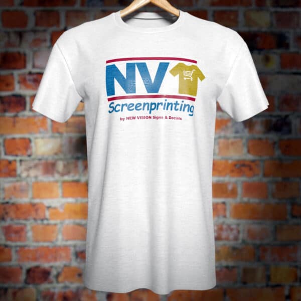 NV Screenprinting logo shirt in front of a brick wall.